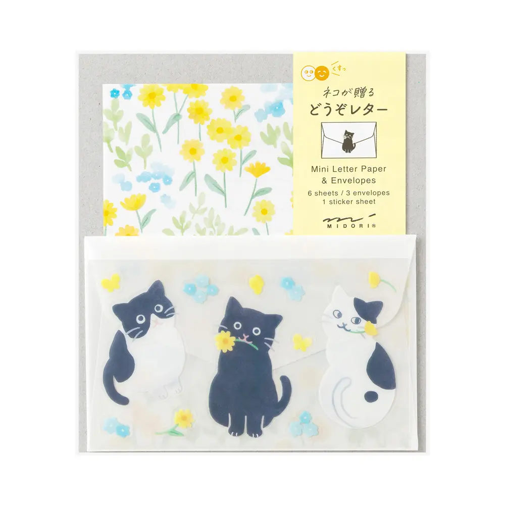 日本 MIDORI《Mini Letter Set 迷你信紙組 - 請收下 (附貼紙)》#貓咪-貓咪