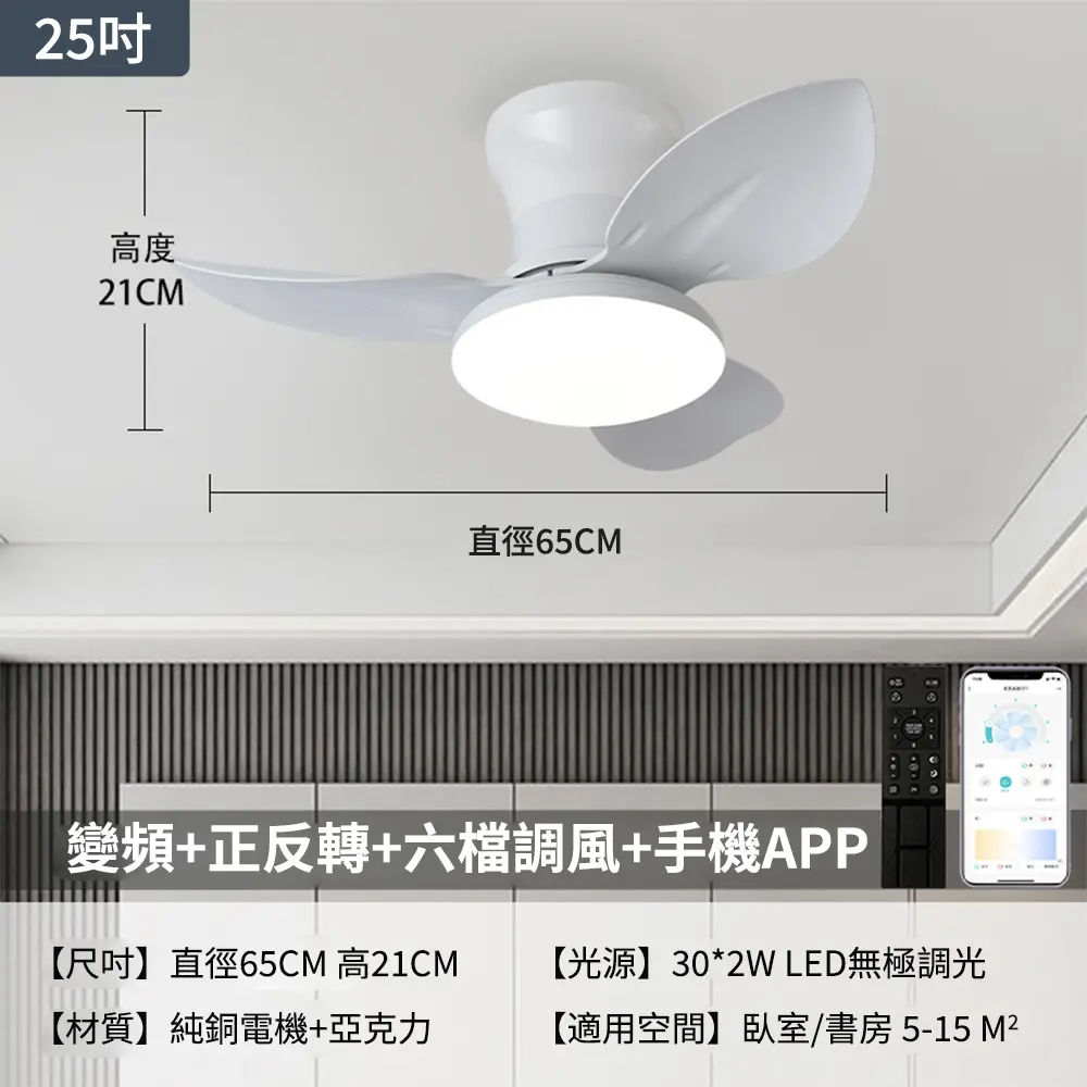 XINGMU 興沐 25吋小坪數吊扇燈 LED吸頂風扇燈 DC變頻 靜音循環扇#65公分全白色 +遙控-65公分全白色 +遙控